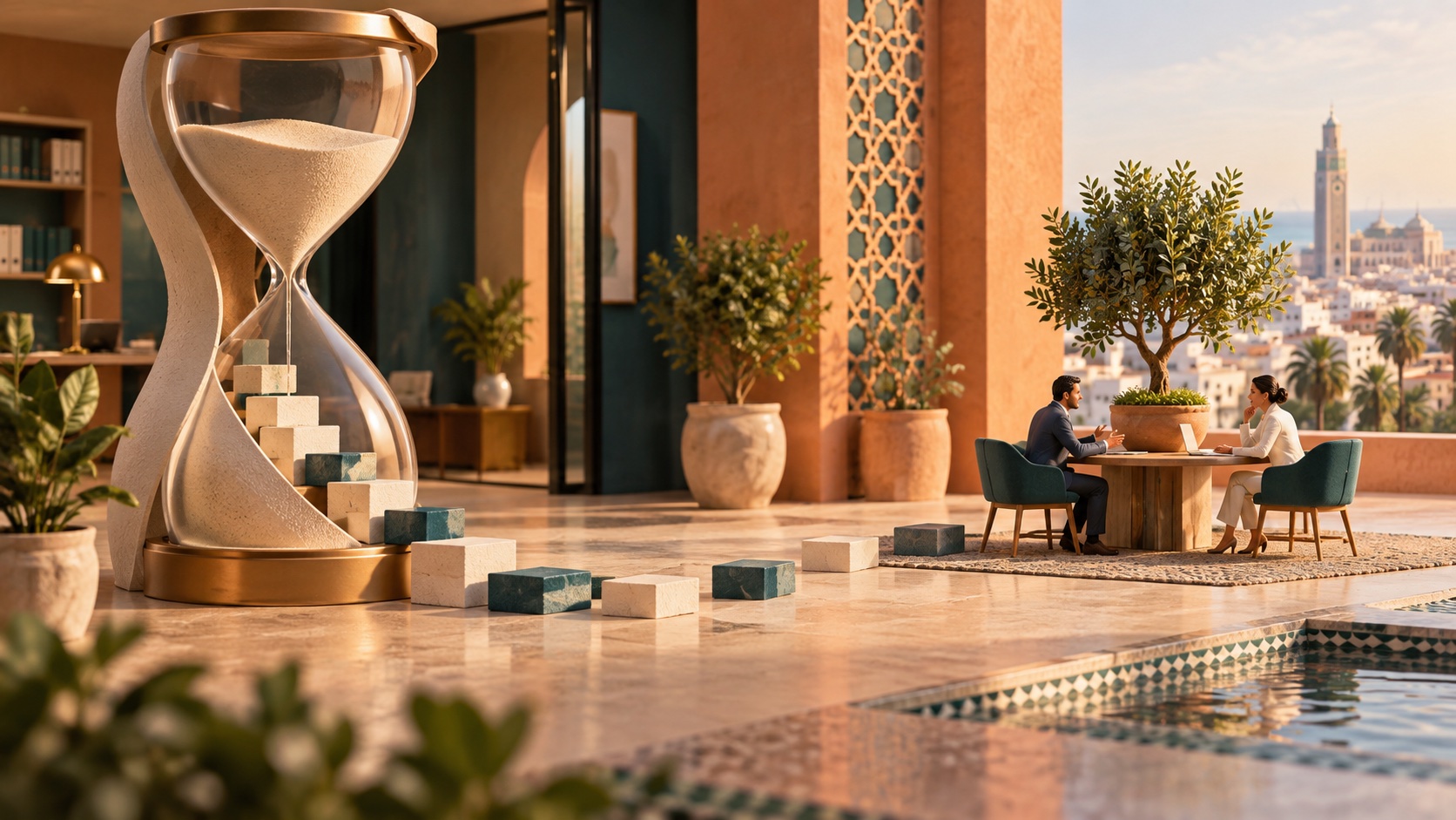 Illustration conceptuelle à Casablanca : un sablier ouvre un chemin vers une rencontre client dans un bureau contemporain.